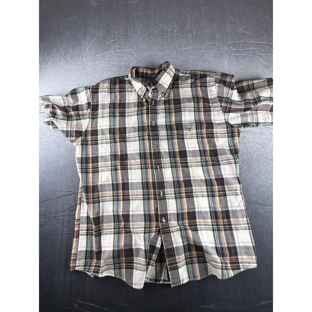 Anchor Bay Men's Large Plaid Button Front Shirt Short Sleeve Gray Casual Cotton
